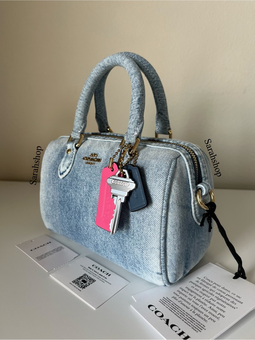 Coach Mini Rowan Crossbody Bag In Loved Denim With Charms
